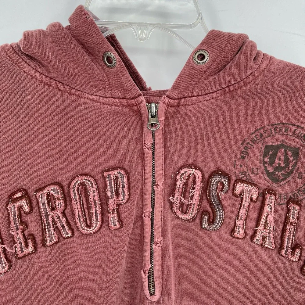 Vintage Aeropostale Men's Burgundy Distressed Logo Hoodie Sweatshirt Size M